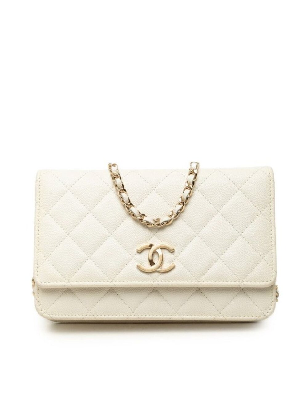 Chanel Quilted CC Logo Crossbody Chain Wallet Shoulder Bag White Caviar Leather
